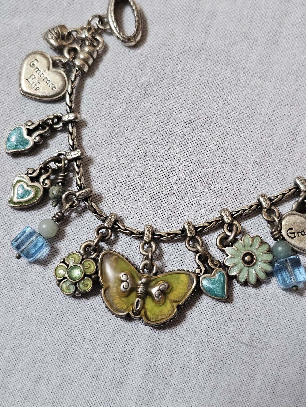 Retired Brighton Embrace Life Gratitude Butterfly Charm Bracelet Floral Hearts - Picture 9 of 13